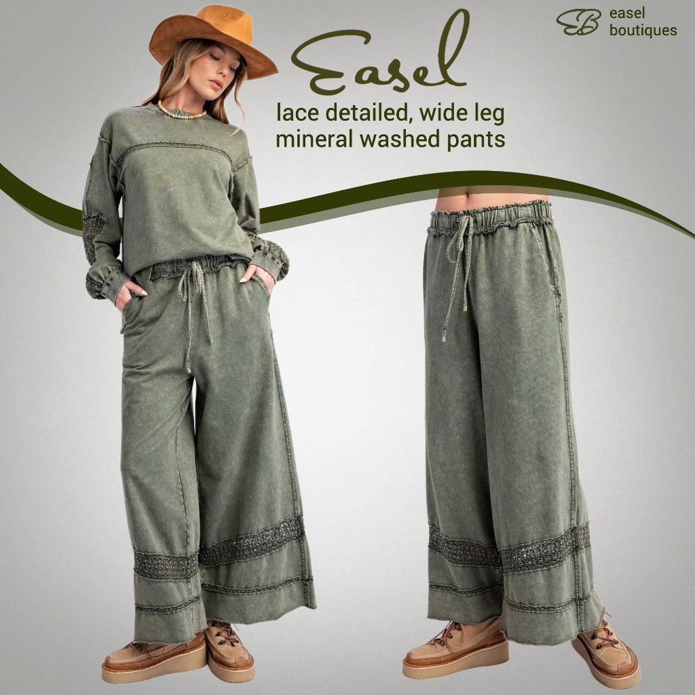 EASEL Lace Detailed Terry Knit Cotton Mineral Washed Wide Leg Drawstring Pockets